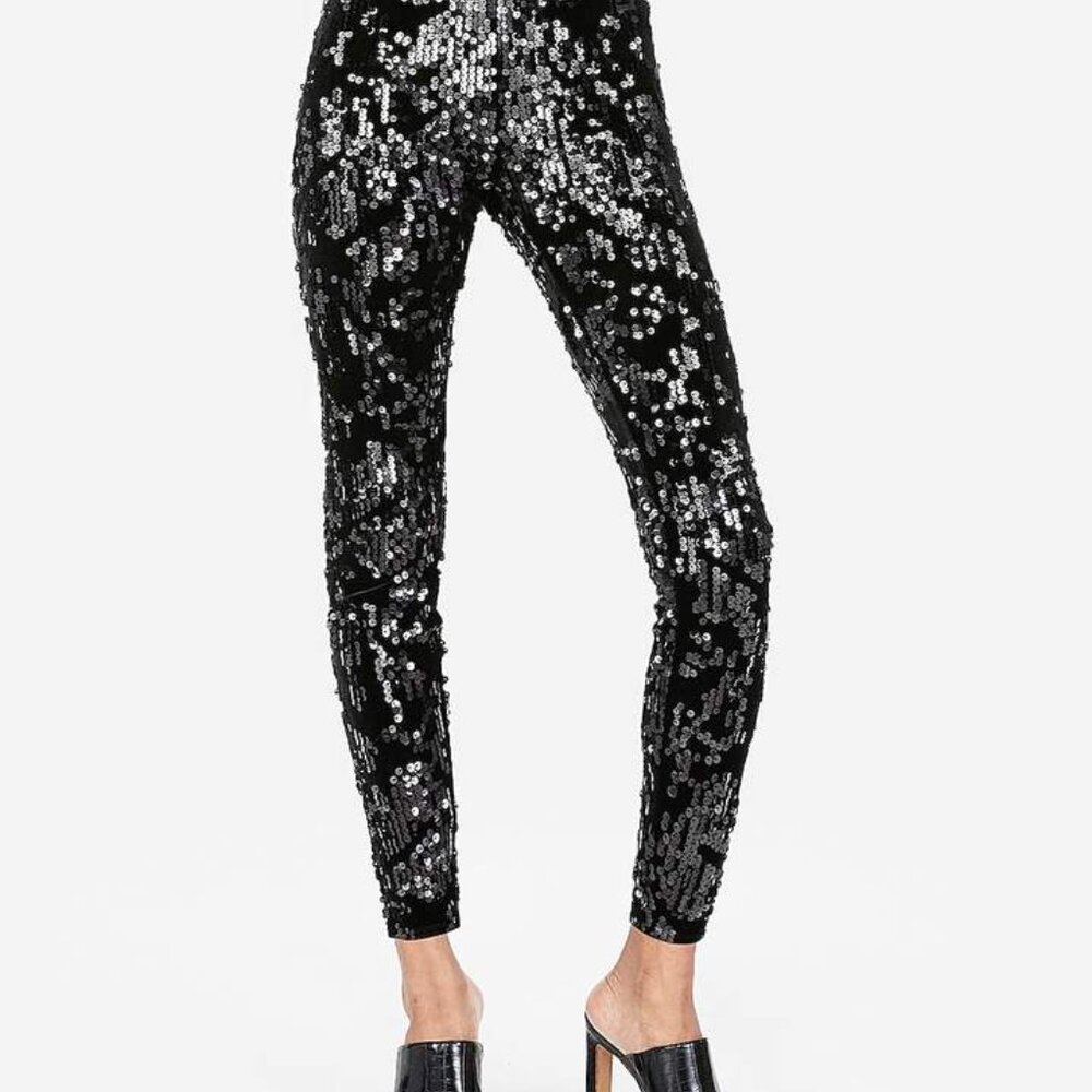 Express Black Sequin Leggings - Picture 3 of 12